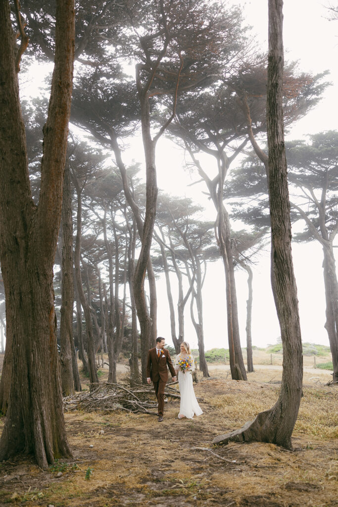 Bride and groom walking through tall trees on the coast.