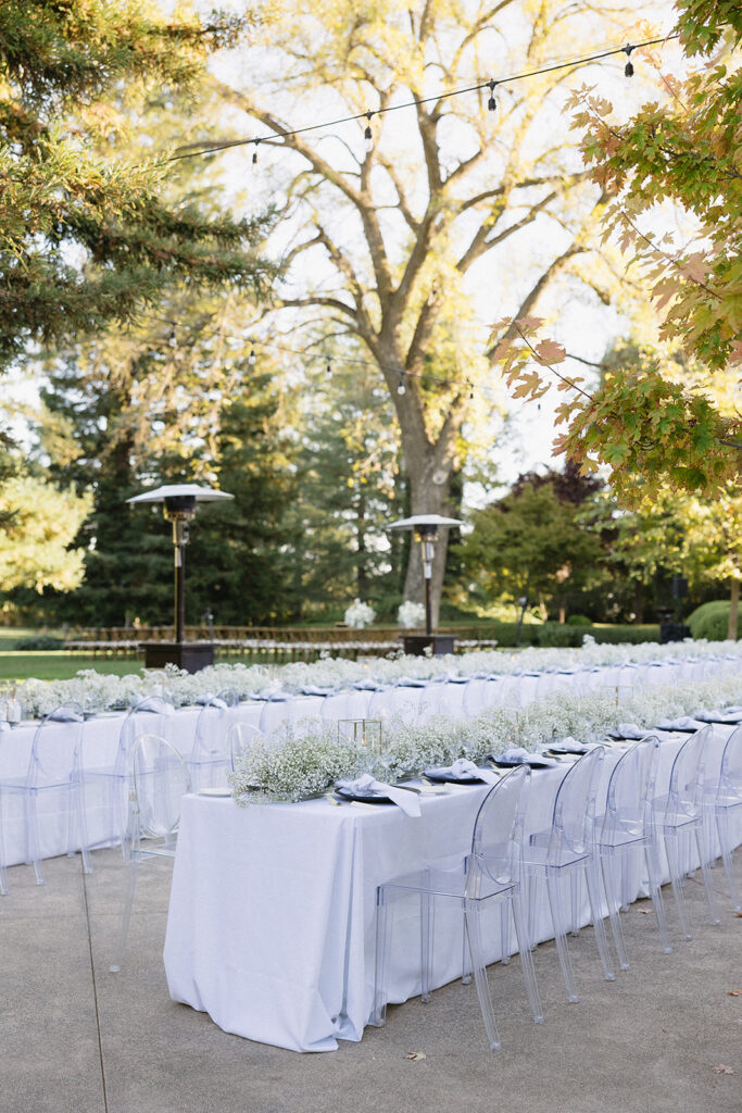 Outdoor wedding reception with tablecloths and baby's breath lining the center with clear chairs.