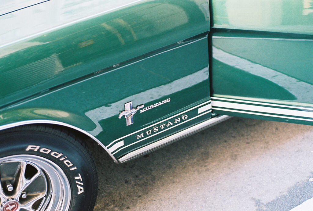 Detail shot of green mustang logo