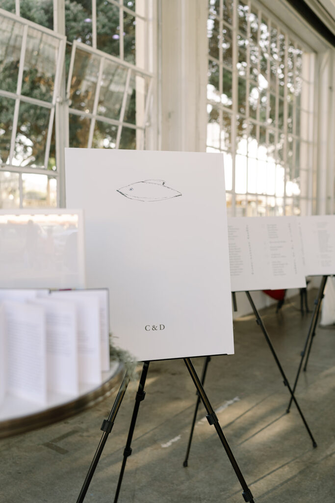 wedding welcome sign and seating chart on black easels